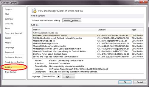 Microsoft Outlook 2010 Add-in Screen shot