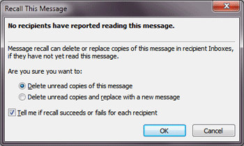 Recalling an email in outlook 2010 - step 3