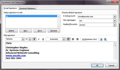 Screenshot 2 of adding a signature to Outlook 2010