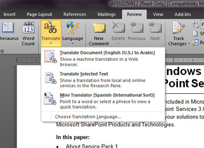 Screenshot ot the options in Microsoft Word 2010 for translating text to another language